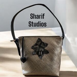 Sharif Studios Women's Metallic Pewter Leather Shoulder Bag Woven Texture